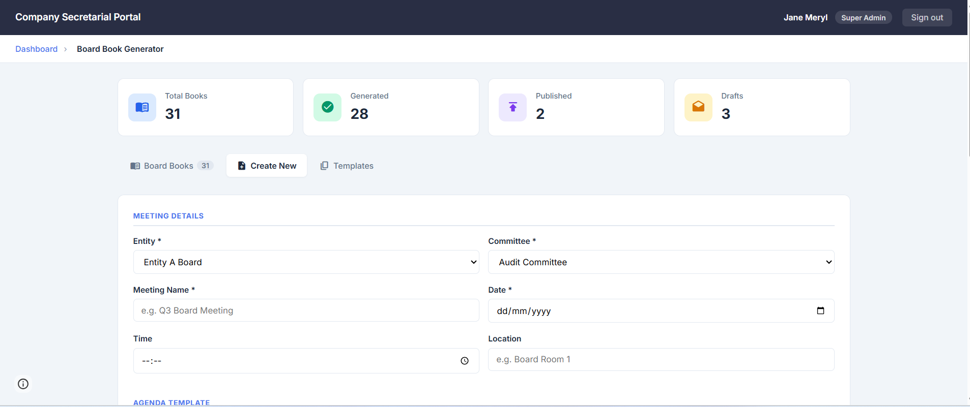 Board Book Generator - dashboard and creation form