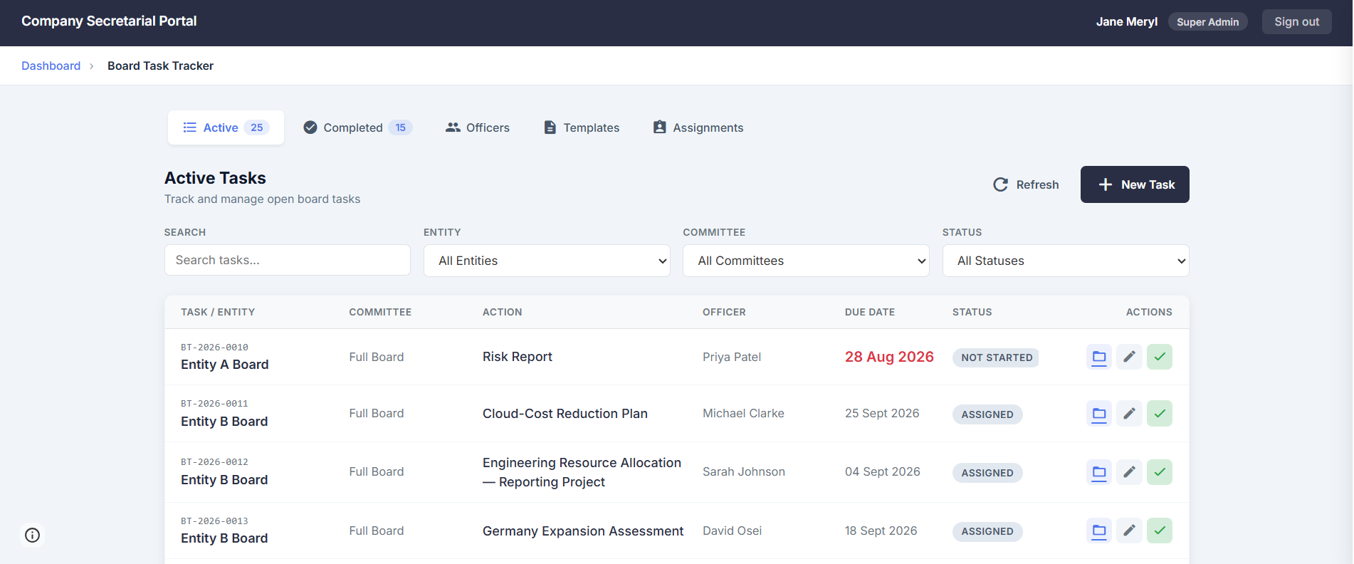 Board Task Tracker - active tasks with filters