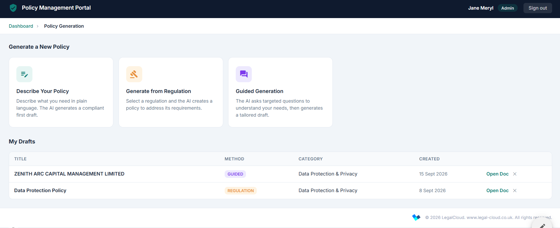 Policy Generation - three AI-powered generation methods