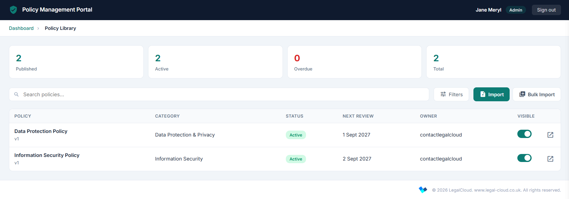Policy Library - centralised policy list with statuses and review dates